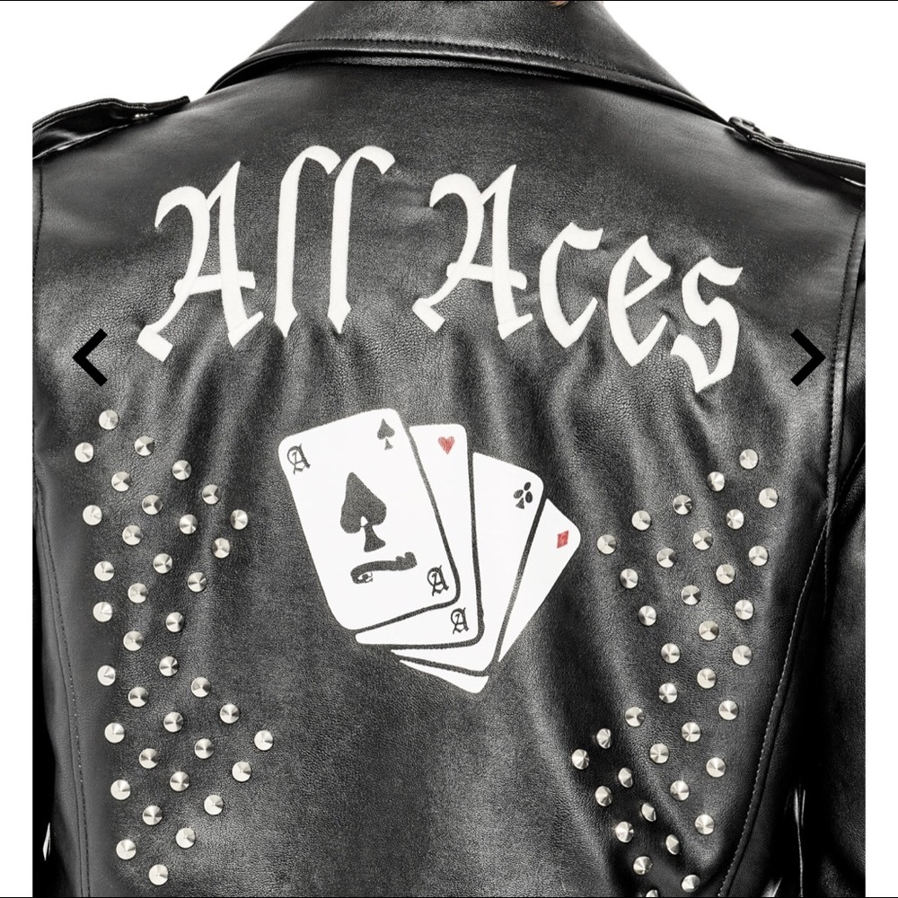 Guess Black Studded 'All Aces' Leather Jacket with Card Graphic